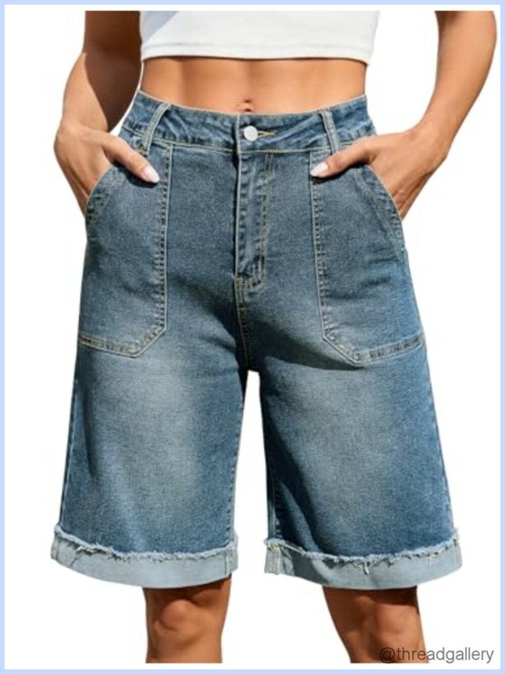 High Waisted Bermuda Jean Shorts Knee Length Wide Leg Denim Jorts